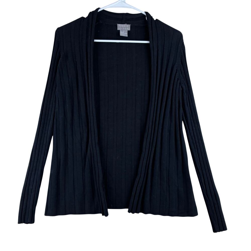Sigrid Olsen 100% Rayon Knit Cardigan Sweater Women's Small Black Ribbed Long Sl